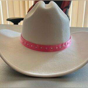 Western Barbie costume white cowboy hat with pink ribbon and star accents